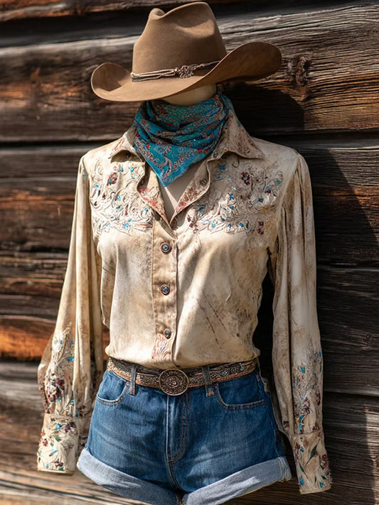 Women's Vintage Western Horse Design Cotton And Linen Blend Shirt artswardrobe