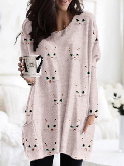 Cute Cat Face Pattern Patch Pocket Comfy Tunic elevenforest