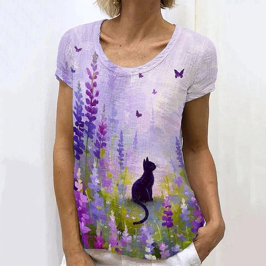 Comstylish Cute Cat In Lavender Field Linen T-shirt