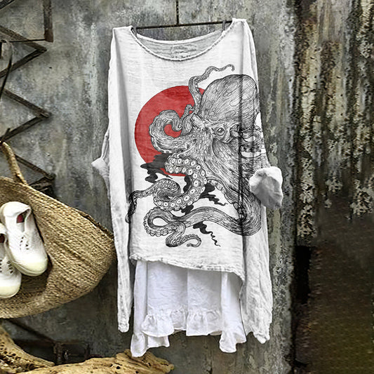 Comstylish Women's Japanese Octopus Casual Round Neck Shirt
