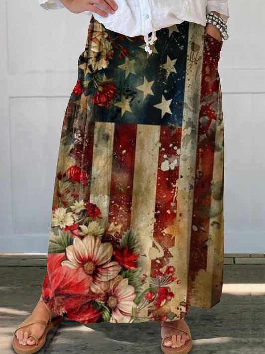 Women's Vintage Flag Floral Art Print Linen Pocket Skirt