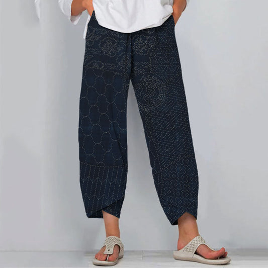 Comstylish Retro Japanese Traditional Sashiko Art Pattern Cropped Casual Pants