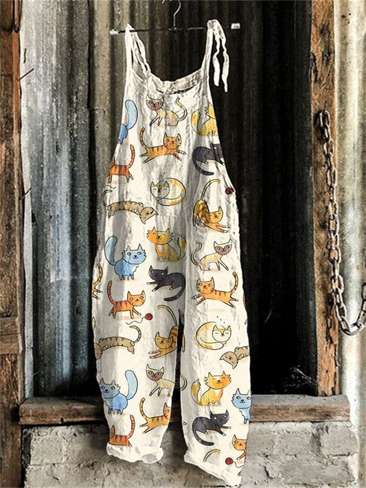 Cute Cats Print Linen Blend Casual Jumpsuit elevenforest