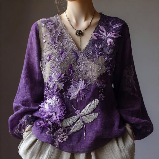 Boho Dragonfly Floral Embroidery Women's V-neck Linen Long Sleeve Shirt artswardrobe