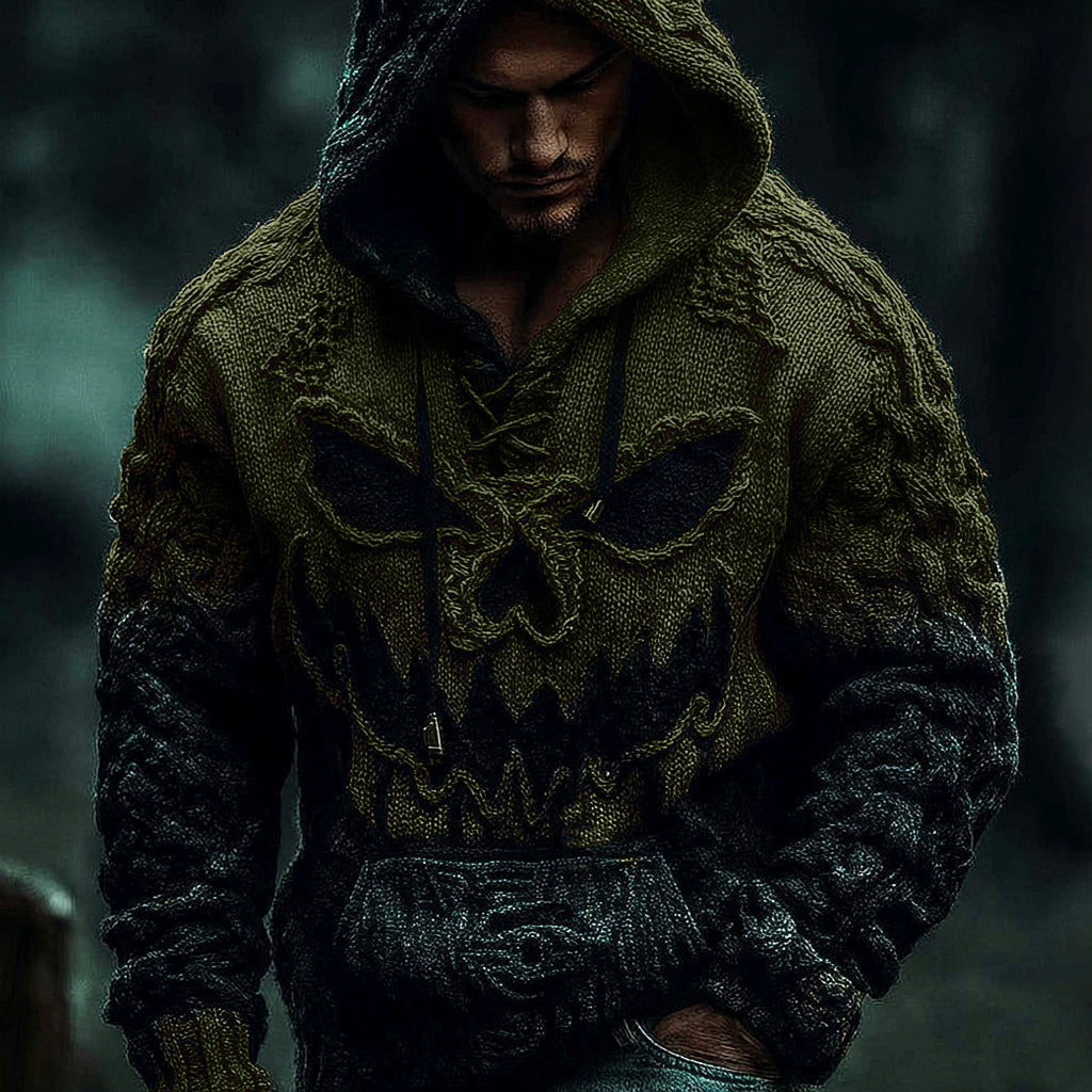 Men's Halloween Pumpkin Face Gradient Jacquard Knit Hooded Sweater elevenforest