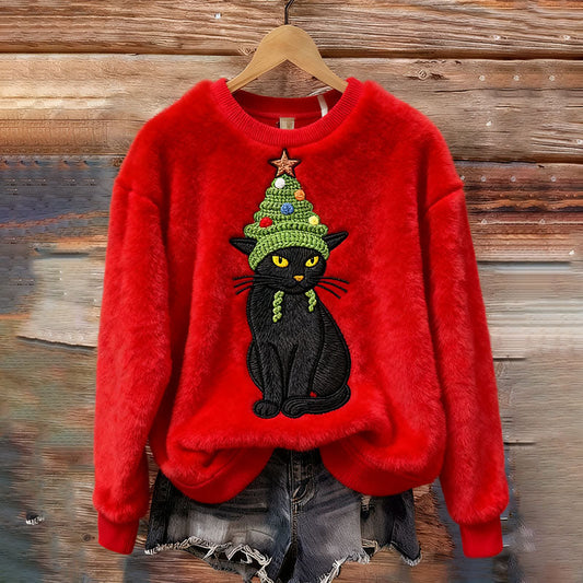 Comstylish Women's Christmas Cute Cat Embroidered Cozy Plush Sweatshirt