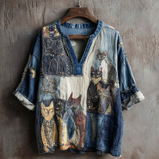 Comstylish Vintage Shabby Patchwork Cowboy Cat Women's V-neck Shirt