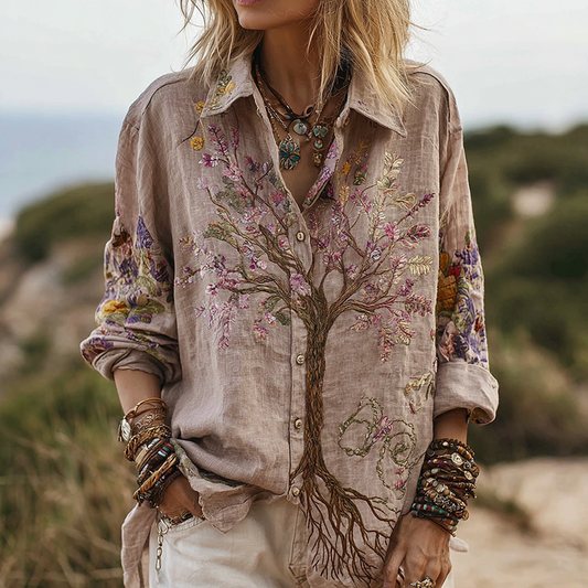 Comstylish Women's Vintage Color Tree Of Life Cotton And Linen Shirt