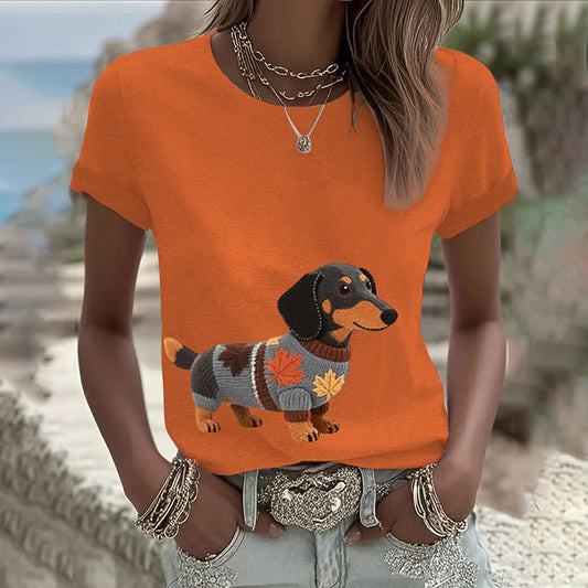 Comstylish Women's Classic Dachshund Inspired Painting Embroidered Casual Linen T-shirt