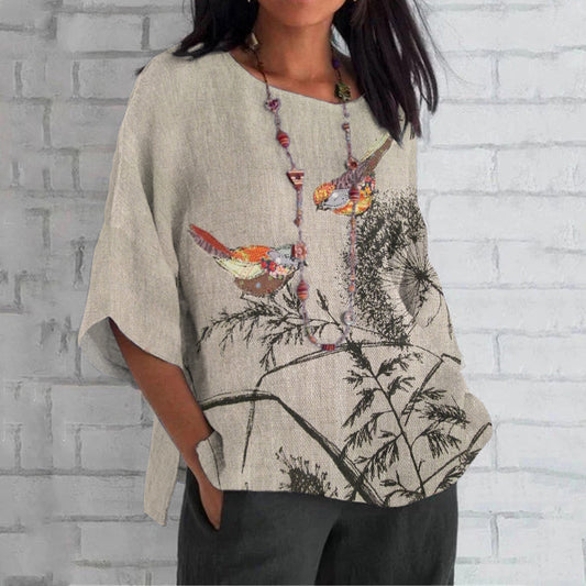 Comstylish Women's Boho Birds Botanic Art Loose Crew Neck Tops
