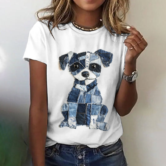 Comstylish Women's Cute Puppy Denim Patchwork Print Casual T-shirt