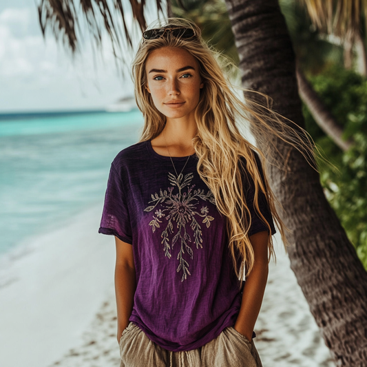 Vintage Bohemian Beach Vacation Gradient Floral Linen Short-sleeved Round Neck Tops artswardrobe