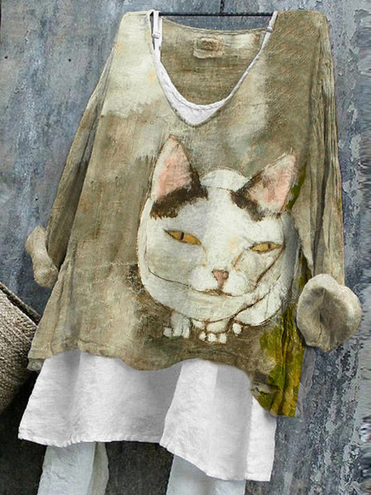 Women's Japanese Art Cat Print Linen Blend Vintage Shirt artswardrobe