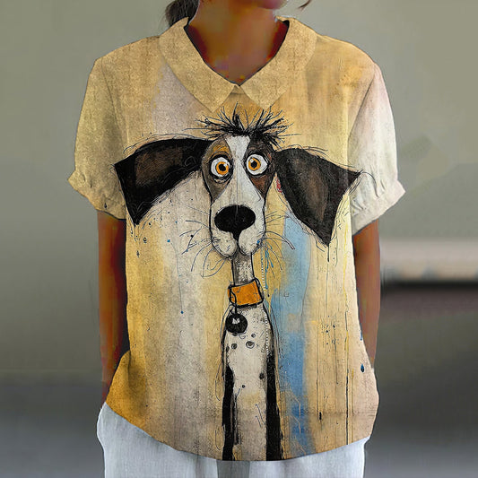 Comstylish Puppy Dog Art Printed Casual Lapel Shirt