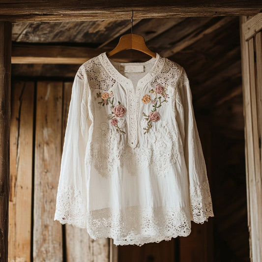 Elegant Lace Rose Embroidery V-neck Shirt artswardrobe