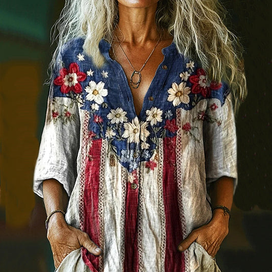 Women's Independence Day Flag Floral Print Linen Blend Long Sleeve Shirt artswardrobe