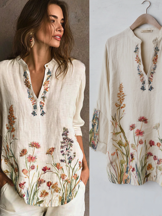 Comstylish Bohemian Style Plant And Flower Elements Cotton And Linen Material Women's Shirt
