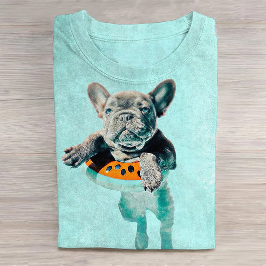 Comstylish Swimming Dog Print Short Sleeve Casual T-Shirt