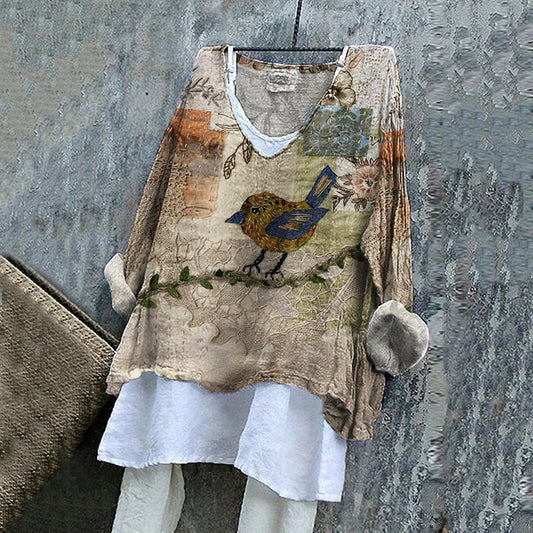 Comstylish Women's Bird And Flower Embroidery Art Linen V-neck Shirt