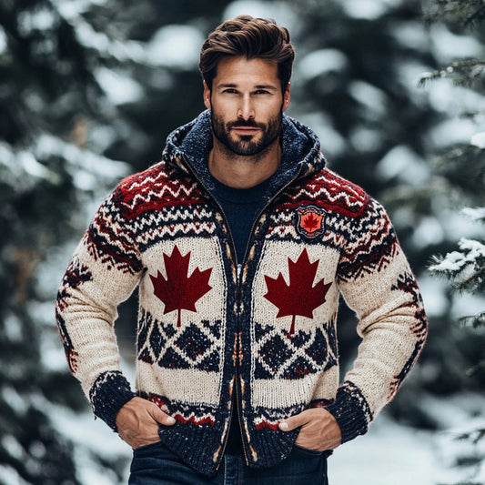Men's Canadian Maple Leaf Geometric Jacquard Cozy Zip Up Cardigan Sweater elevenforest
