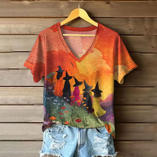 Halloween Witch Casual Print Short Sleeve V Neck T-shirt artswardrobe