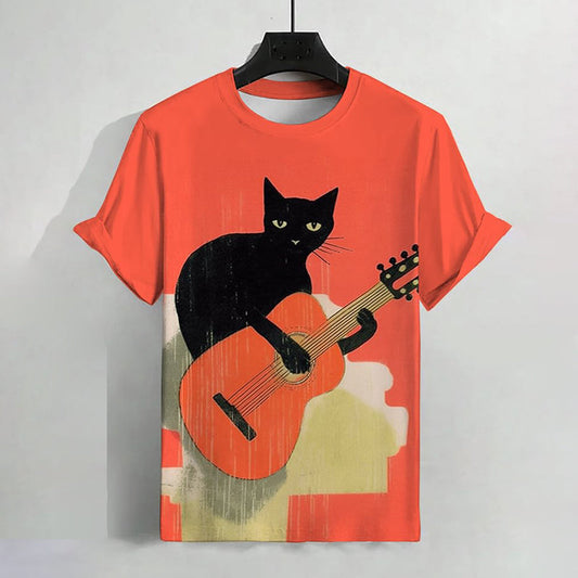 Men's Guitar Black Cat Print Casual T-Shirt elevenforest