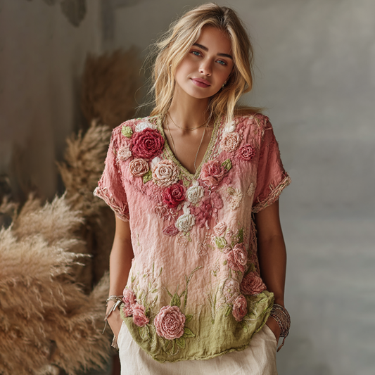 Comstylish Love & Health Collection Retro Western Women Style Vintage Rose And Floral Patchwork Art V Neck Linen T-shirt