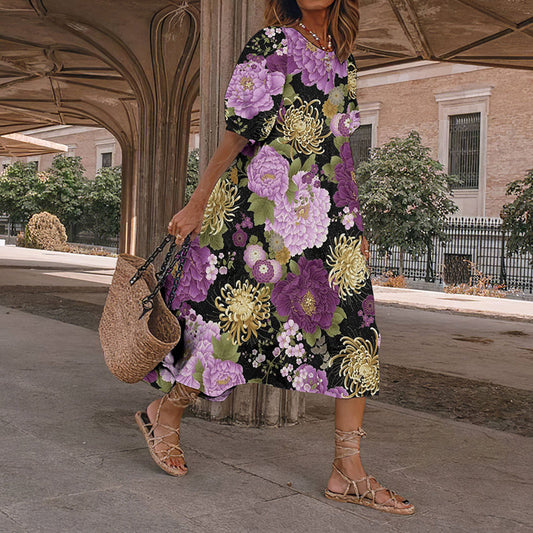 Comstylish Purple Floral Japanese Art And Spring Midi Dress