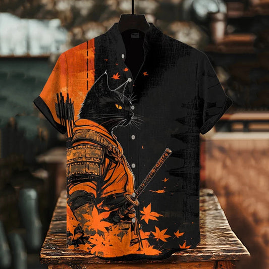 Men's Black Cat Warrior And Maple Leaf Temple Print Casual Shirt elevenforest