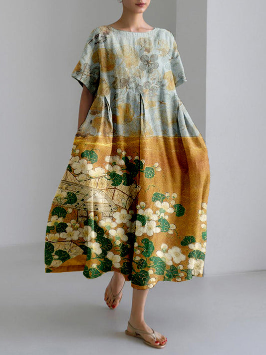 Comstylish Vintage Japanese Art Linen Blend Maxi Dress