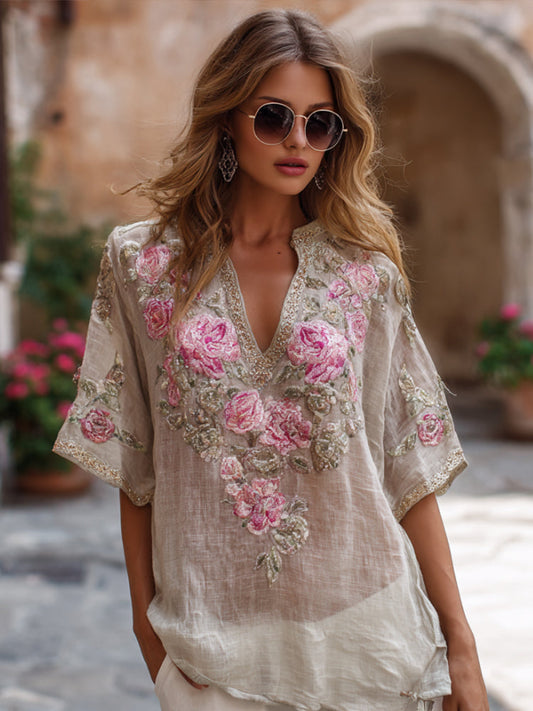 Comstylish Bohemian Style Romantic Pink Three-dimensional Rose Embroidery Pearl Sequin Linen Women's Small V-neck Short-sleeved Shirt