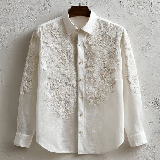 Men's Floral Lace Embroidered Long Sleeve Linen Shirt artswardrobe