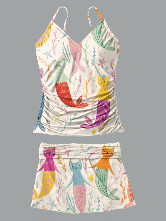 V-Neck Vintage Cat Mermaid Print Suspender Skirt Tankini Pantskirt Set Swimsuit