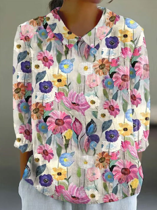 Comstylish Women's Vintage Botanical Floral Patchwork Art Print Design Lapel Shirt