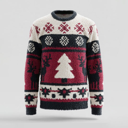 Comstylish Men's Christmas Christmas Tree And Reindeer Comfortable Crew Neck Plush Sweatshirt
