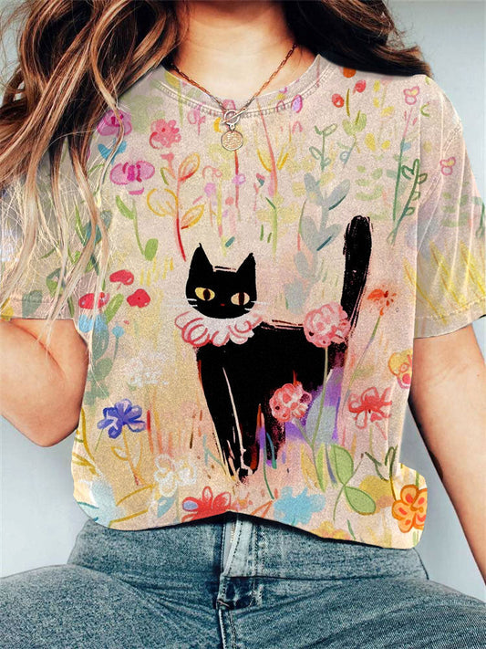 Women's Animal Forest Cat Graphic Print Comfortable T-shirt elevenforest