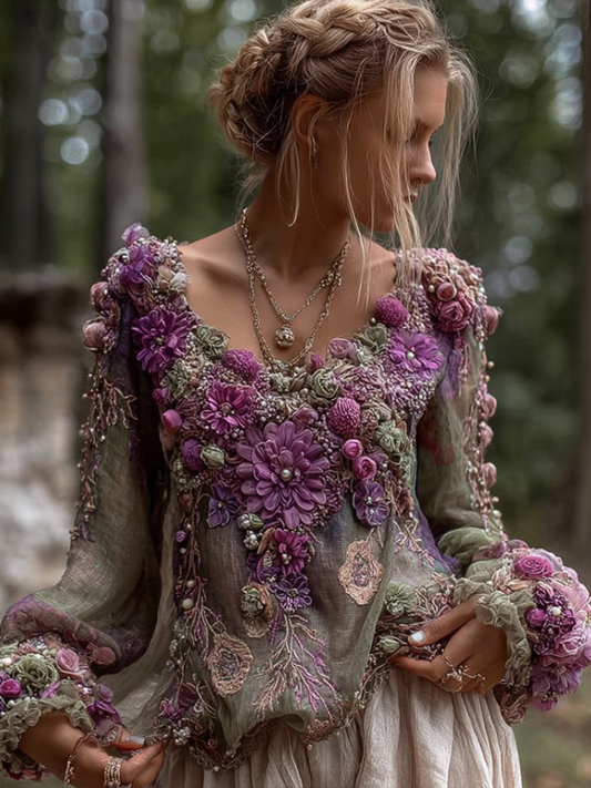 Comstylish Bohemian Style Round Neck Long Sleeve 3d Purple Flower Design Cotton And Linen Top For Women