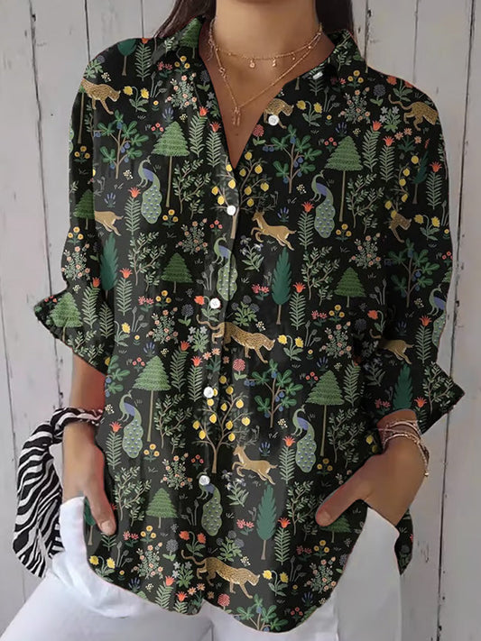 Comstylish Women's Casual Retro Forest Animal Print Cotton And Linen Shirt