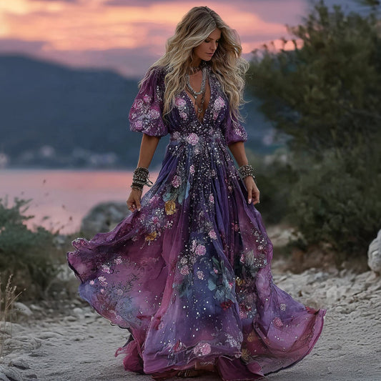 Retro Boho Rose Embroidered Sequined Gradient Maxi Dress artswardrobe