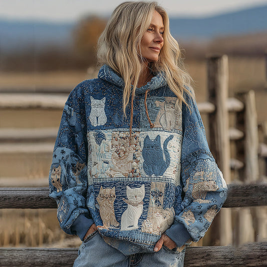 Women's Denim Patchwork Cute Cat Floral Print Hoodie elevenforest
