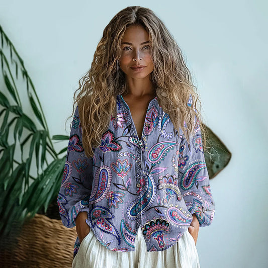 Comstylish Bohemian Style Paisley Linen Print Long Sleeve Shirt