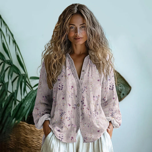 Comstylish Vintage Wildflowers Floral Art Linen Print Long Sleeve Shirt