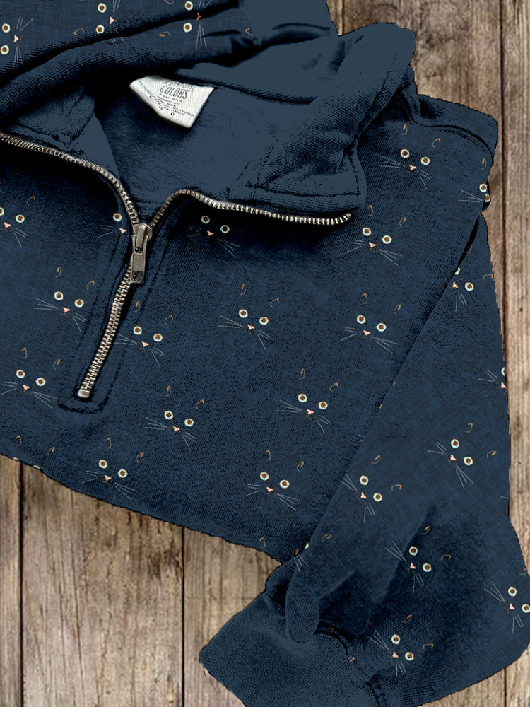 Cute Cat Face Pattern Zip Up Cozy Sweatshirt elevenforest