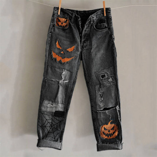 Comstylish Halloween Pumpkin Inspired Distressed Patched Washed Jeans
