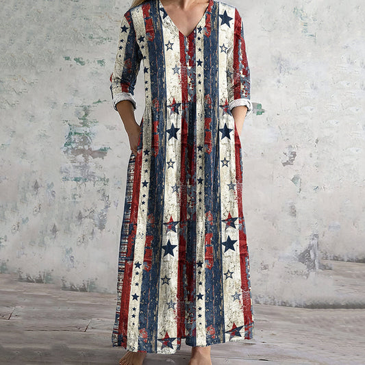 Vintage Independence Day Stripes Print V-neck Linen Blend Midi Dress artswardrobe