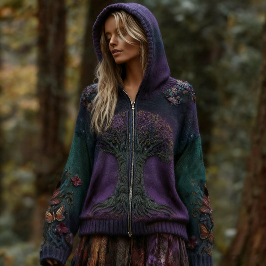 Comstylish Women's Vintage Viking Tree Of Life And Floral Pattern Knit Zip-up Sweater