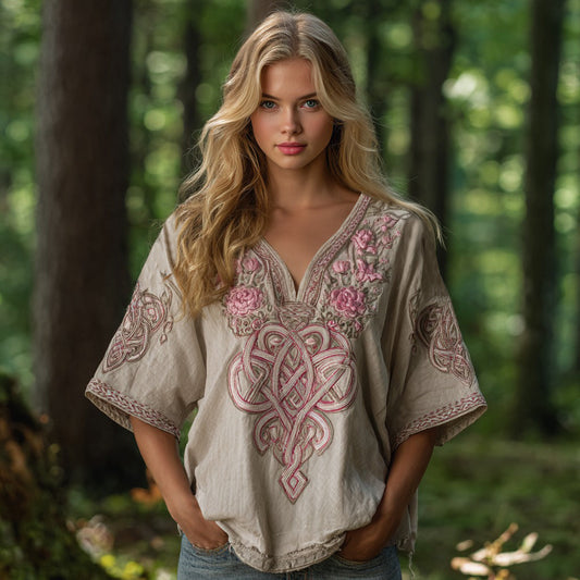 Women's Pink Rose Celtic Knot Art V Neck Linen Comfy T-shirt artswardrobe