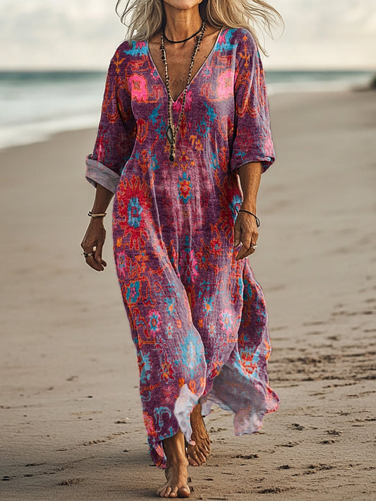 Women's Retro Totem Folk Flower Art Print Pocket Cotton Dress