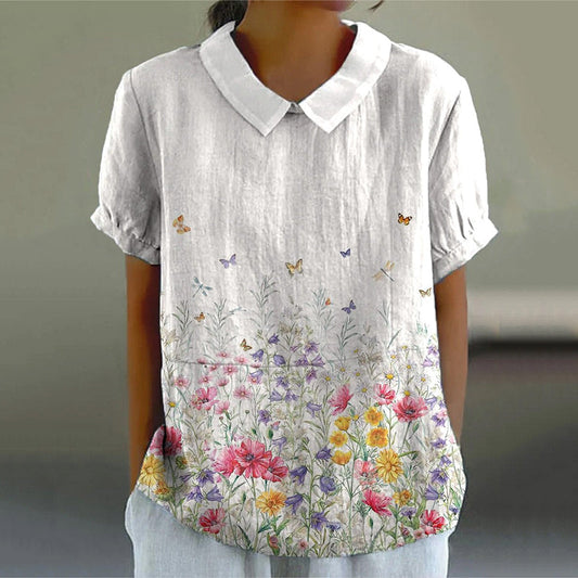 Comstylish Women'S Flower Butterfly Print Casual Cotton Linen Shirt