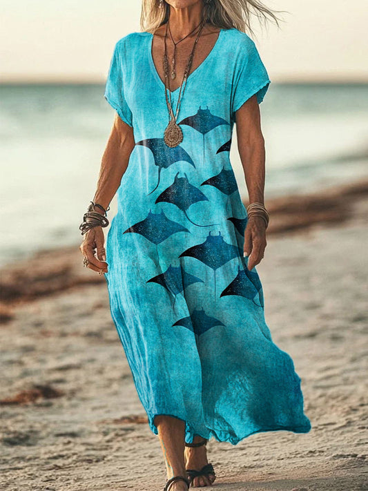 Women's Manta Rays Art Print Linen Blend Dress artswardrobe